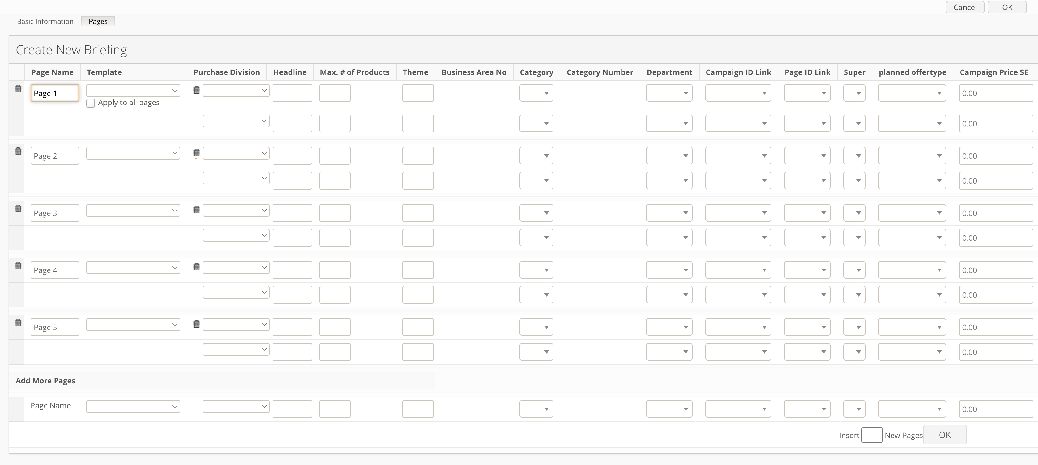 Table displaying page details for creating a new briefing in a document.